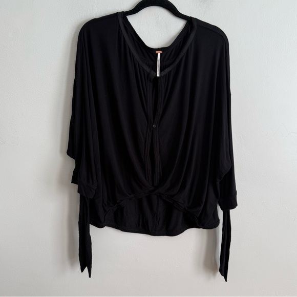 Free People Top Women Small Black Wrap Blouse Button Up Boho Sleeve Ties - Picture 3 of 7